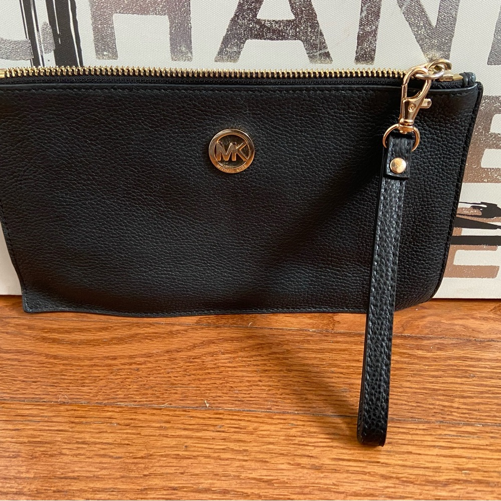 MICHAEL Michael Kors Black Leather Wristlet, Leather With Gold Tone MK Medallion
